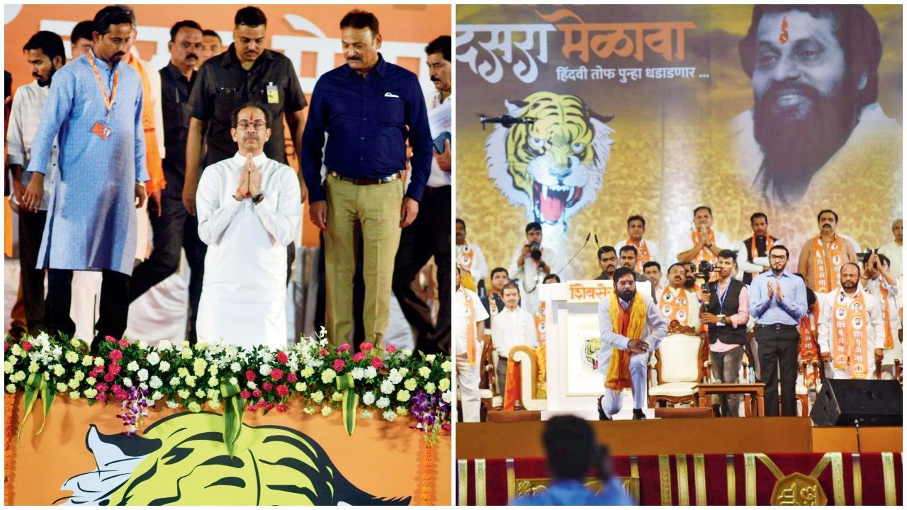 જેની ઘણા દિવસોથી તડામાર તૈયારી કરવામાં આવતી હતી અે દશેરાસભામાં ગઈ કાલે ઉદ્ધવ ઠાકરેઅે પહેલાં ભાષણ કર્યું હતું જેમાં તેમણે અેકનાથ શિંદેથી લઈને બીજેપી સુધી બધા પર શાબ્દિક હુમલા કર્યા હતા. જોકે નોંધનીય વાત    અે હતી કે જ્યારે મુખ્ય પ્રધાને લોકોને સંબોધવાનું શરૂ કર્યું ત્યારે ભૂતપૂર્વ મુખ્ય પ્રધાનના મોટા ભાગના આરોપોનો ગણીગણીને જવાબ આપ્યો હતો. તસવીર: રાણે આશિષ અને સમીર માર્કન્ડે.